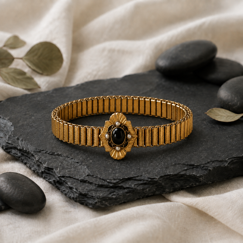 Gold Filled Victorian Slide bracelet with onyx & seeded pearls