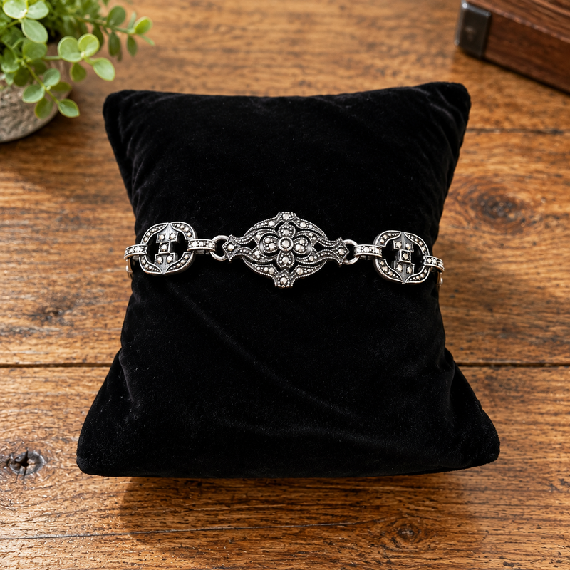 Sterling Silver Marcasite Link Bracelet 1930s