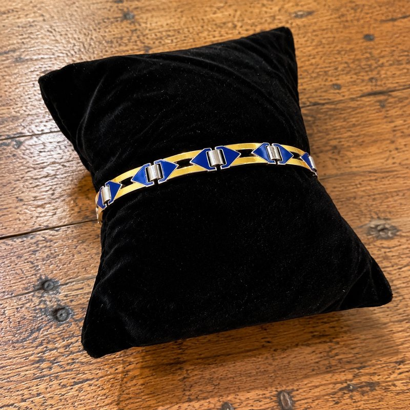 1930s Sterling Silver Blue + Yellow Enamel Bracelet 6 1/2" in diameter