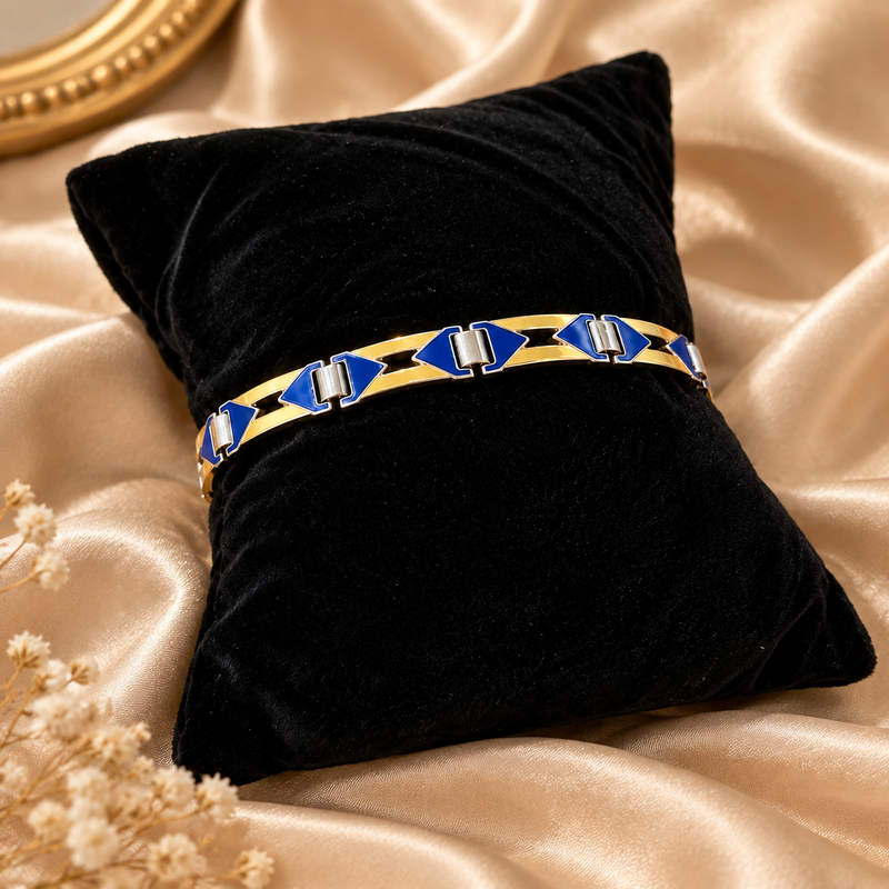 1930s Sterling Silver Blue + Yellow Enamel Bracelet 6 1/2" in diameter
