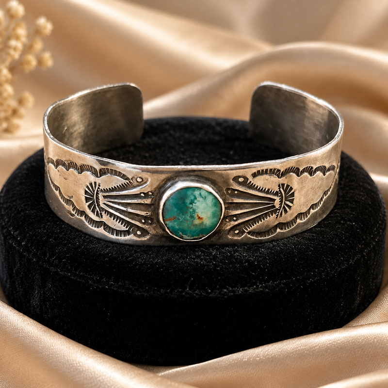 Sterling Silver Navajo and Turquoise cuff 5 1/4 with 1 inch opening