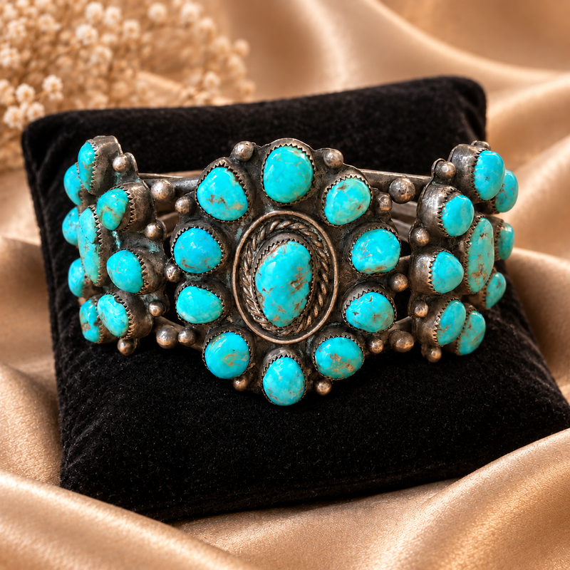 1940's sterling silver Navajo turquoise cluster cuff 5 inch with 1 1/4 inch opening
