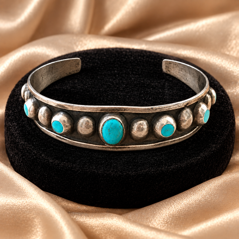 Vintage Mexican Sterling Silver Turquoise Cuff Bracelet