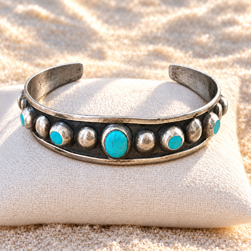 Vintage Mexican Sterling Silver Turquoise Cuff Bracelet