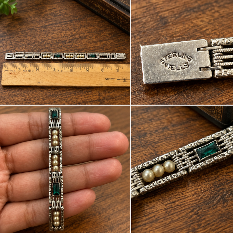 Art Deco Sterling Silver Bracelet with Faux Pearls & Green Paste Stone