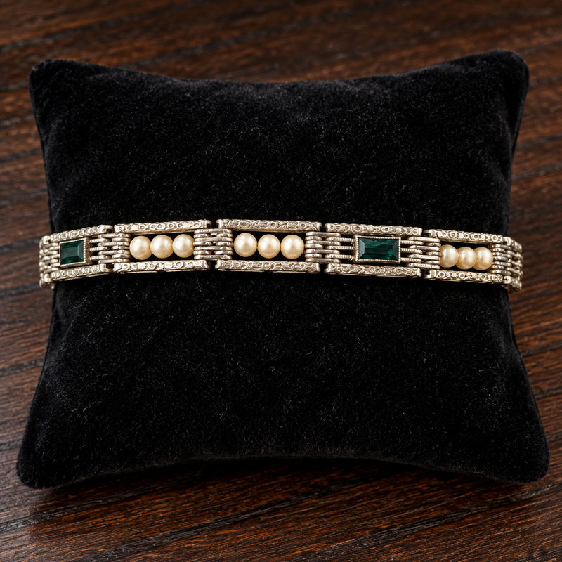 Art Deco Sterling Silver Bracelet with Faux Pearls & Green Paste Stone
