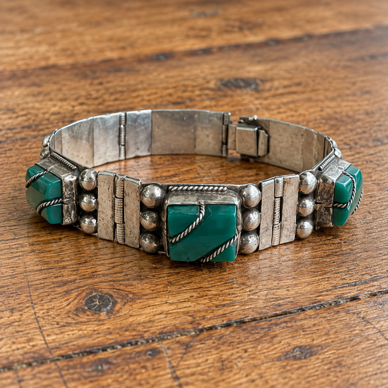 Sterling Silver Green Onyx Bracelet – Vintage Gemstone Bracelet – Elegant Statement Jewelry – 7 1/4"