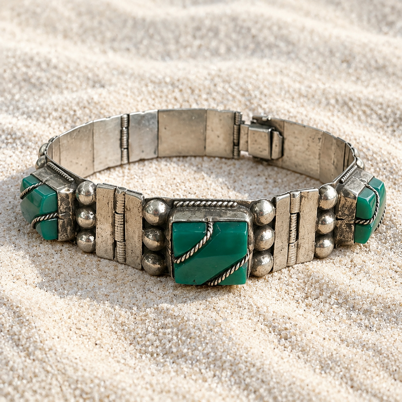 Sterling Silver Green Onyx Bracelet – Vintage Gemstone Bracelet – Elegant Statement Jewelry – 7 1/4"