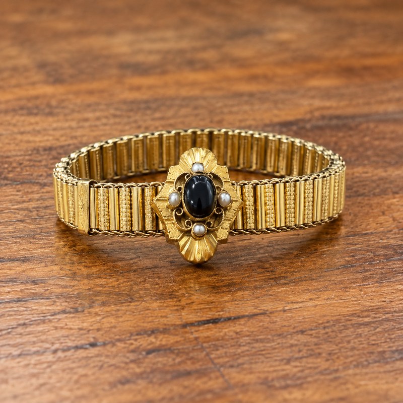 Gold Filled Victorian Slide bracelet with onyx & seeded pearls