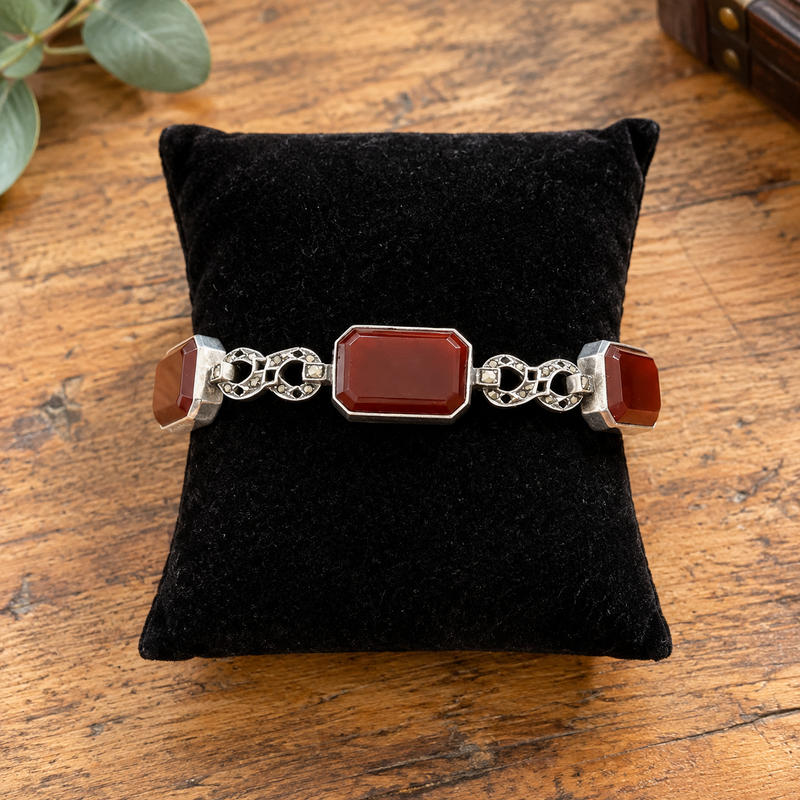 Art Deco sterling silver marcasite & carnelian bracelet - 7”