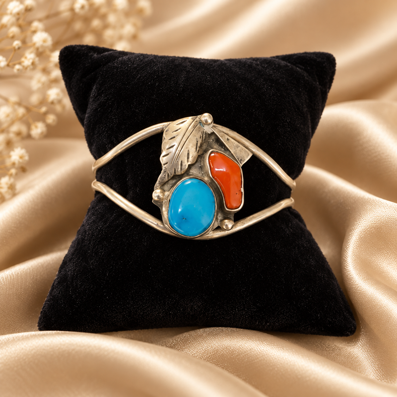 Sterling Silver Turquoise & Coral Cuff Bracelet