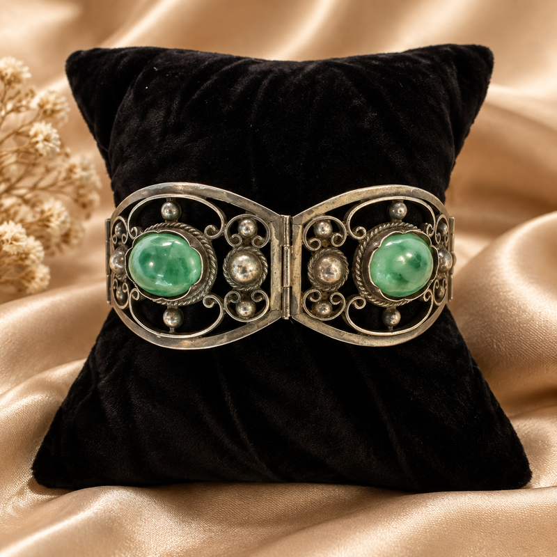 Sterling Silver Mexico Bangle with 4 Green Stones