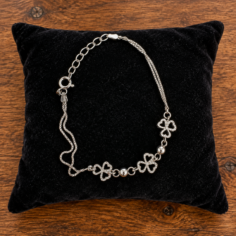 Sterling Silver Flower Clover Charm Chain Bracelet