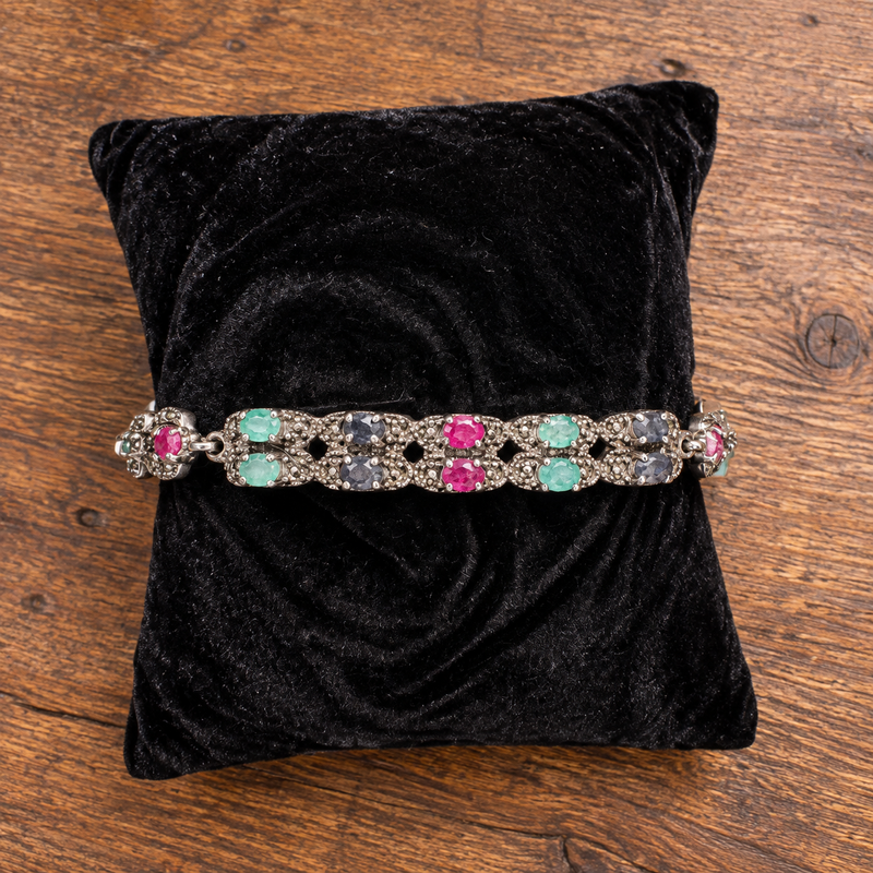 Sterling Silver Multi Stone Marquise Link Bracelet