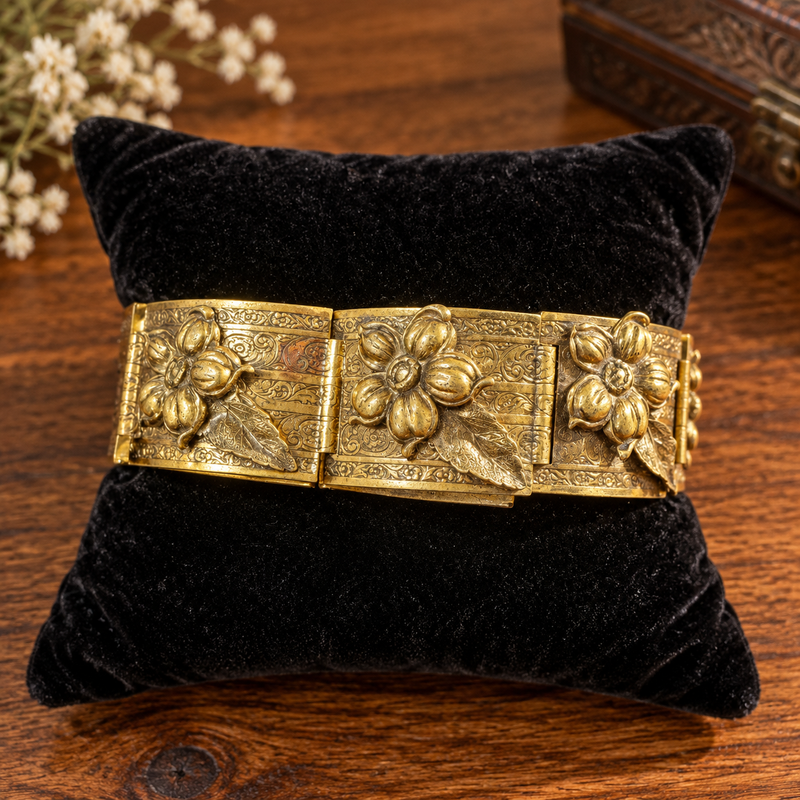 Engraved Brass Flower Statement Bracelet