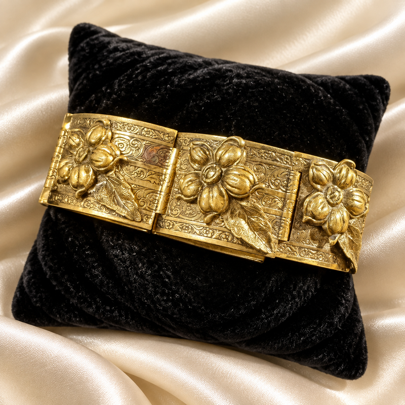Engraved Brass Flower Statement Bracelet
