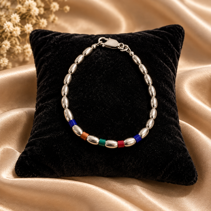 Sterling Silver Beaded Bracelet with Enamel Accents