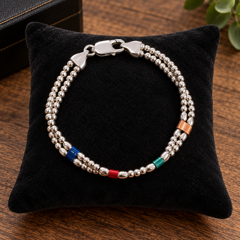 Sterling Silver Beaded Bracelet with Enamel Accents