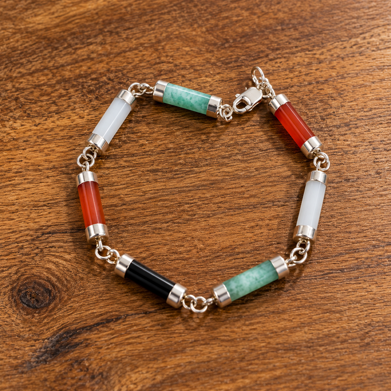 Sterling Silver Multi Colored Stone Jade Bracelet