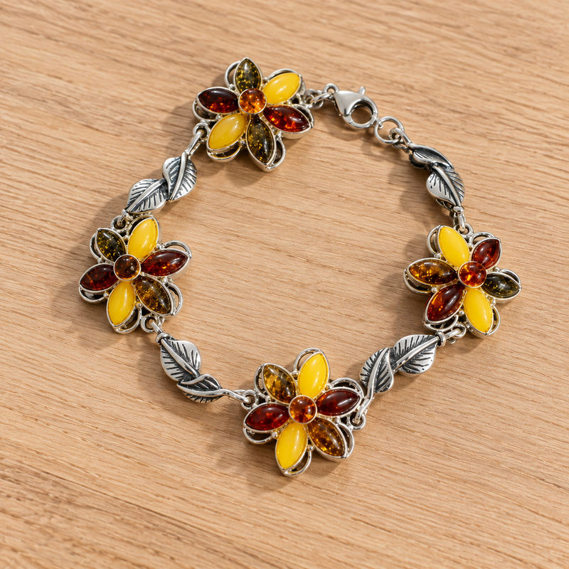 Sterling Silver Multicolour Amber Flower Bracelet
