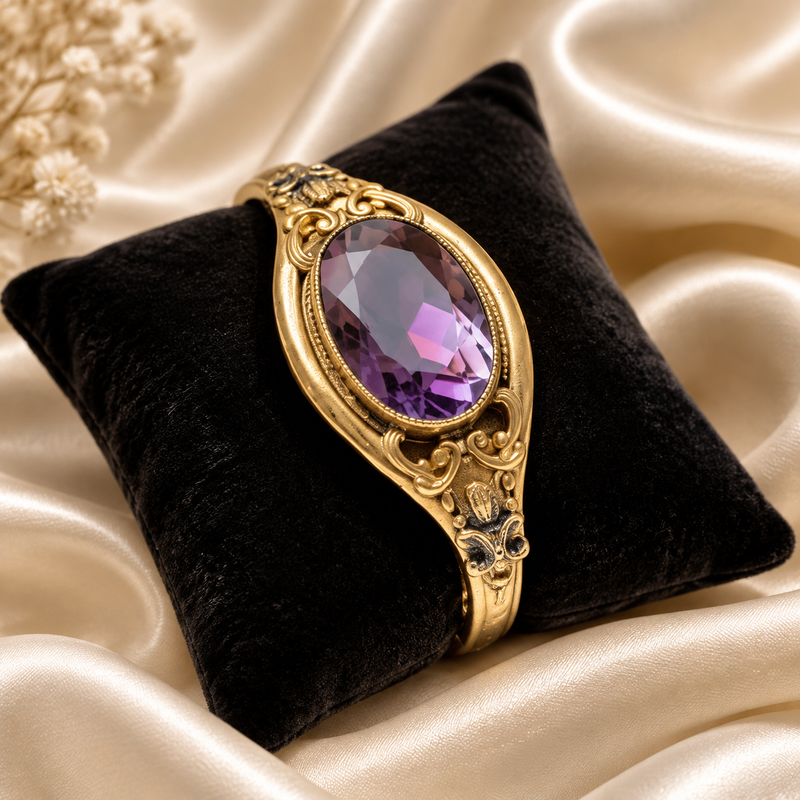 Victorian Gold Filled Bangle with Purple Stone – Antique Hinged Bracelet | Estate Jewelry | Romantic Vintage Style