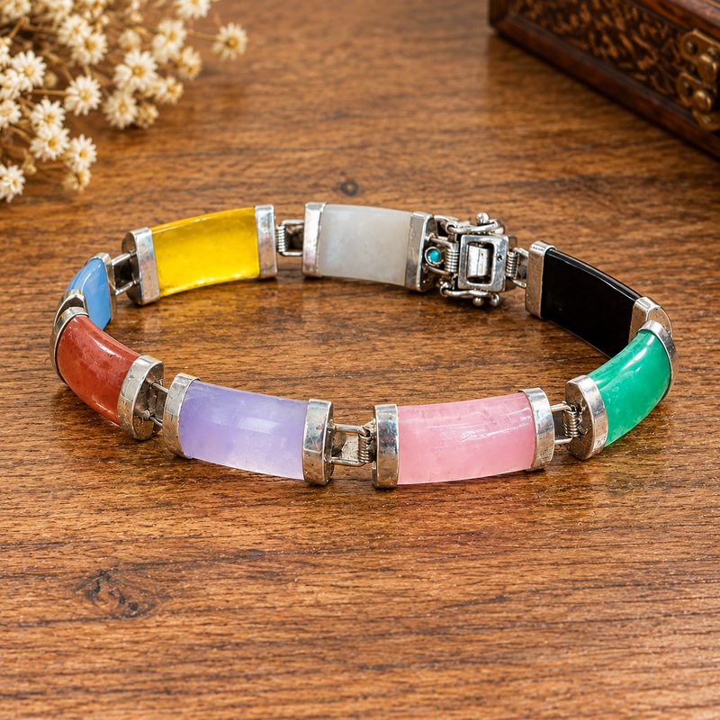 SS Multi-Colored Jade Bracelet – Vibrant and Elegant Silver Jewelry 7 “