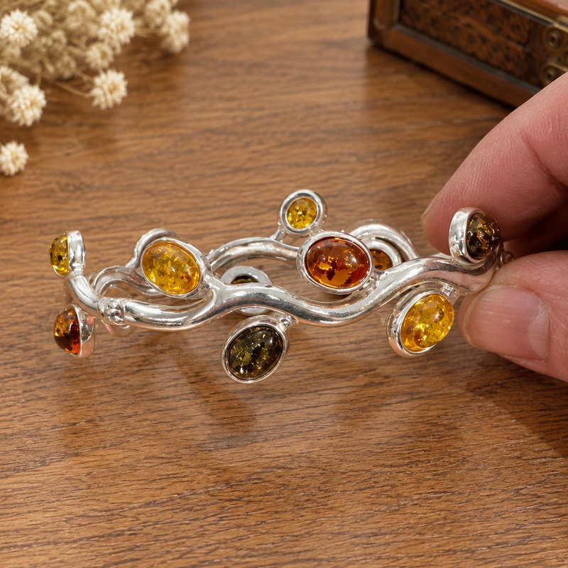 Sterling Silver Multicolour Amber Bangle Bracelet