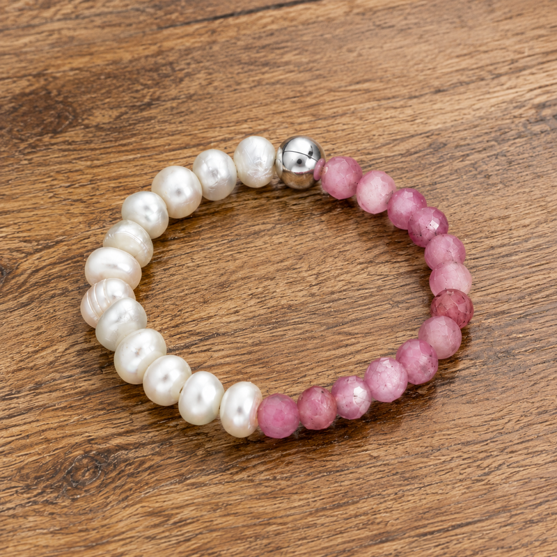 Pearl & Pink Gemstone Stretch Bracelet – Sterling Silver