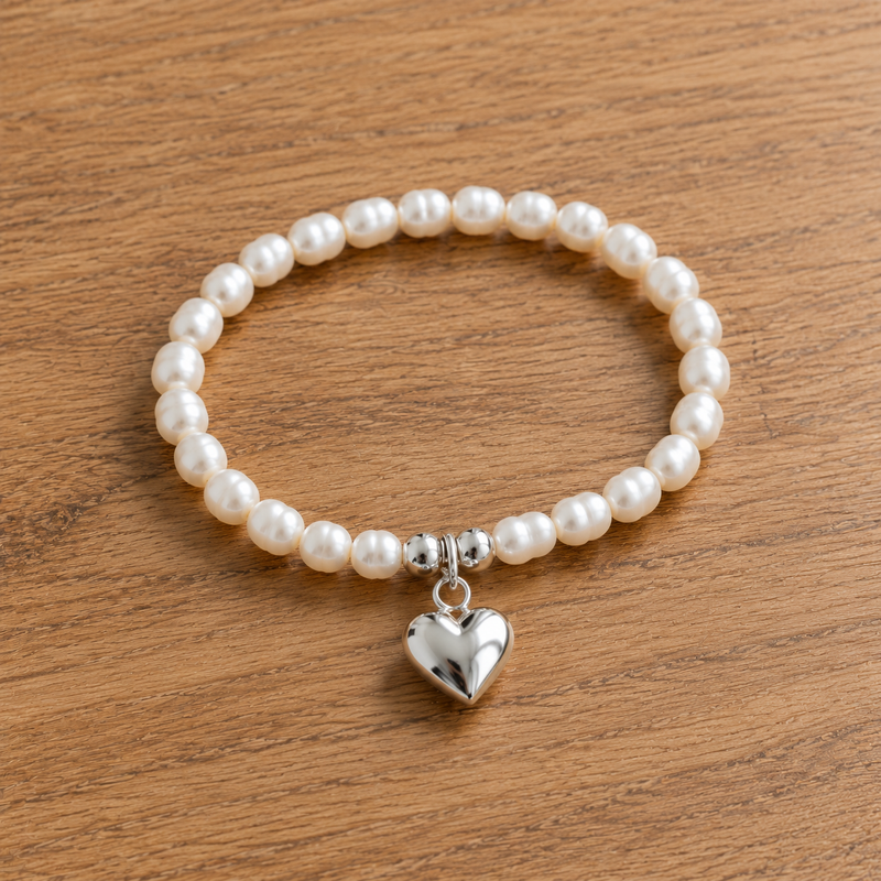 Sterling Silver Heart Elastic Bracelet, Beaded with Freshwater Pearls