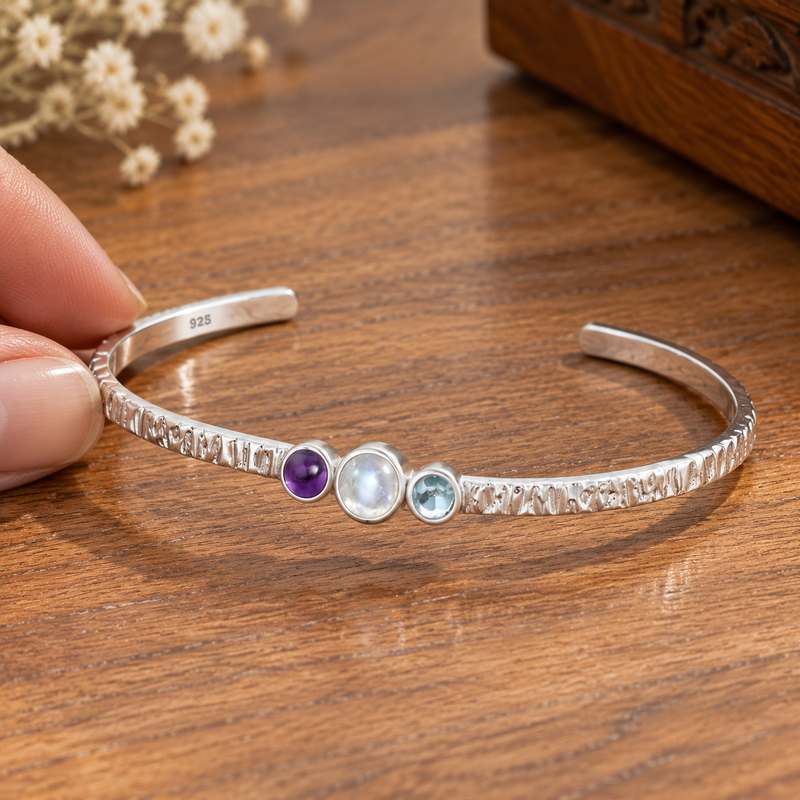 Sterling Silver Cuff with Amethyst, Rainbow Moonstone & Sky Blue Topaz