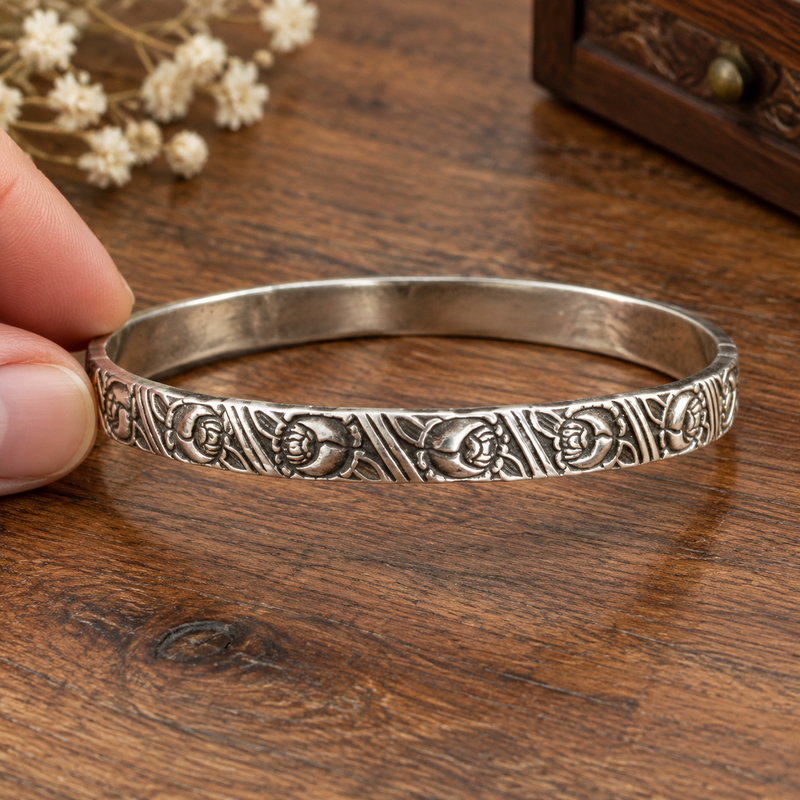 Sterling Silver Floral Etched Bangle