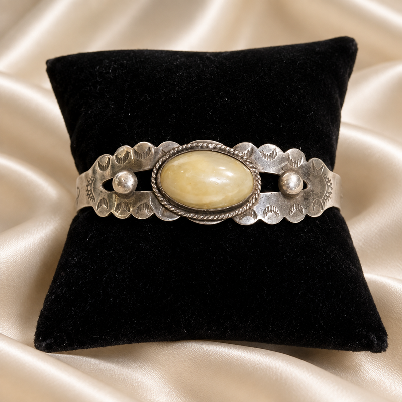 Vintage Etched Stone Cuff in Sterling Silver