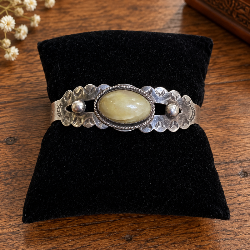 Vintage Etched Stone Cuff in Sterling Silver