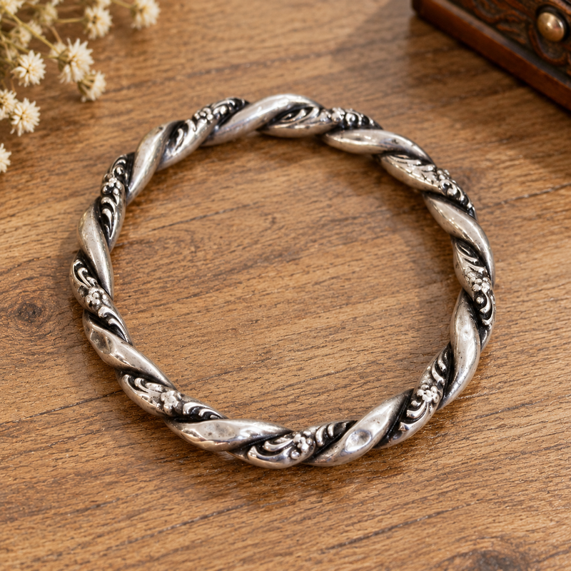 Antique Engraved Silver Bangle Bracelet