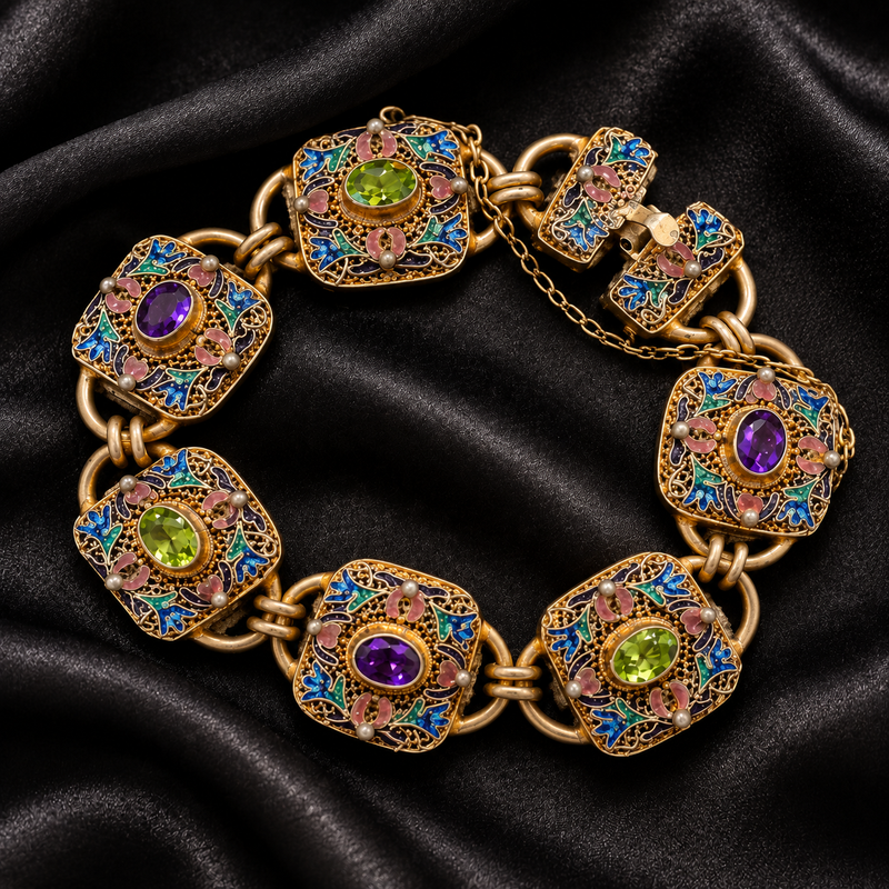 Vintage Multi-Stone Amethyst and Peridot Silver Bracelet