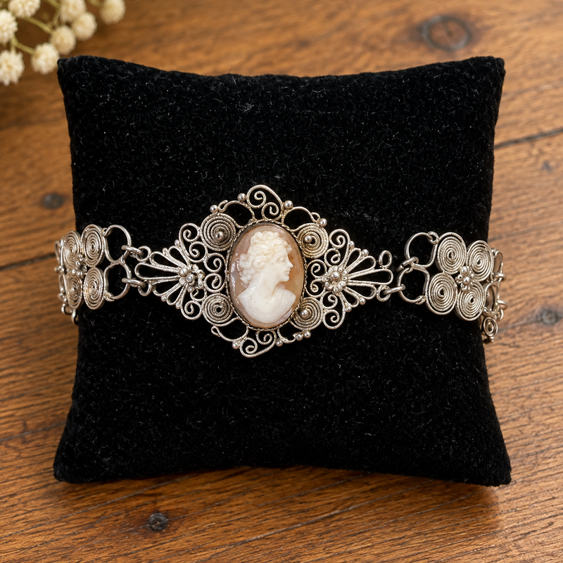 Sterling Silver Cameo Filigree Cuff Bracelet