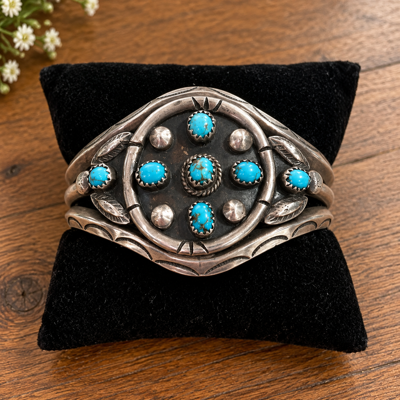 Signed Sterling Silver Turquoise Cluster Cuff