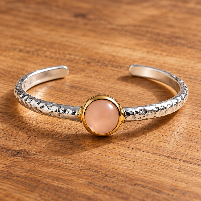 Sterling Silver Rose Quartz Cuff Bracelet, 3 Micron 22K Gold Plated