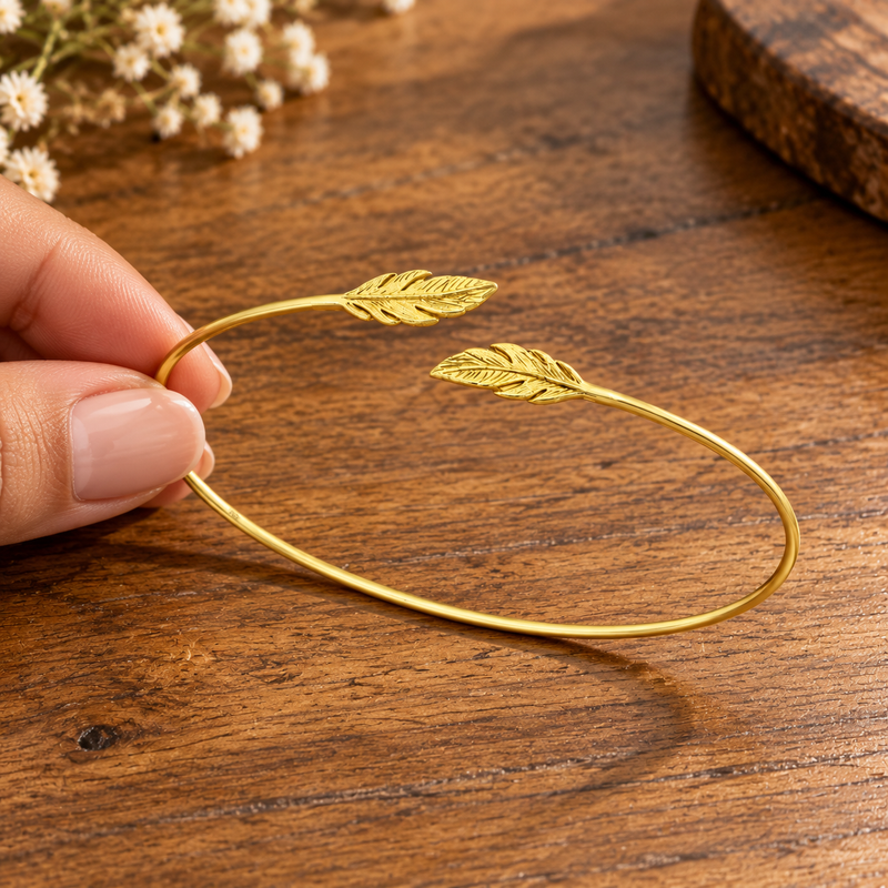 Silver Feather Cuff, Plated with 1 Micron 14K or 18K Yellow Gold
