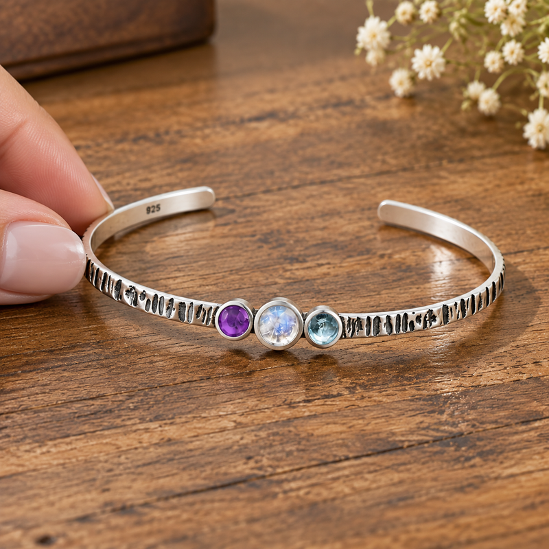 Sterling Silver Oxidized Cuff with Amethyst, Rainbow Moonstone & Sky Blue Topaz