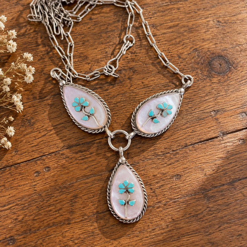Sterling Silver American Indian MOP Turquoise Necklace 27" long
