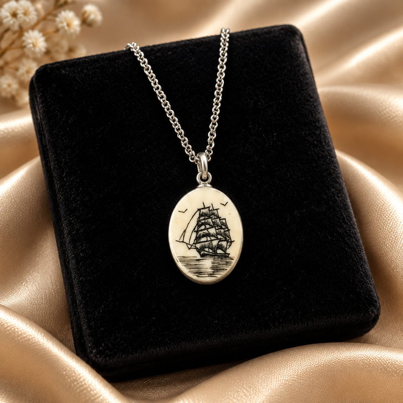 Vintage Clipper ship pendant featuring a detailed maritime scene etched on to scrimshaw on a 18 inch sterling silver chain