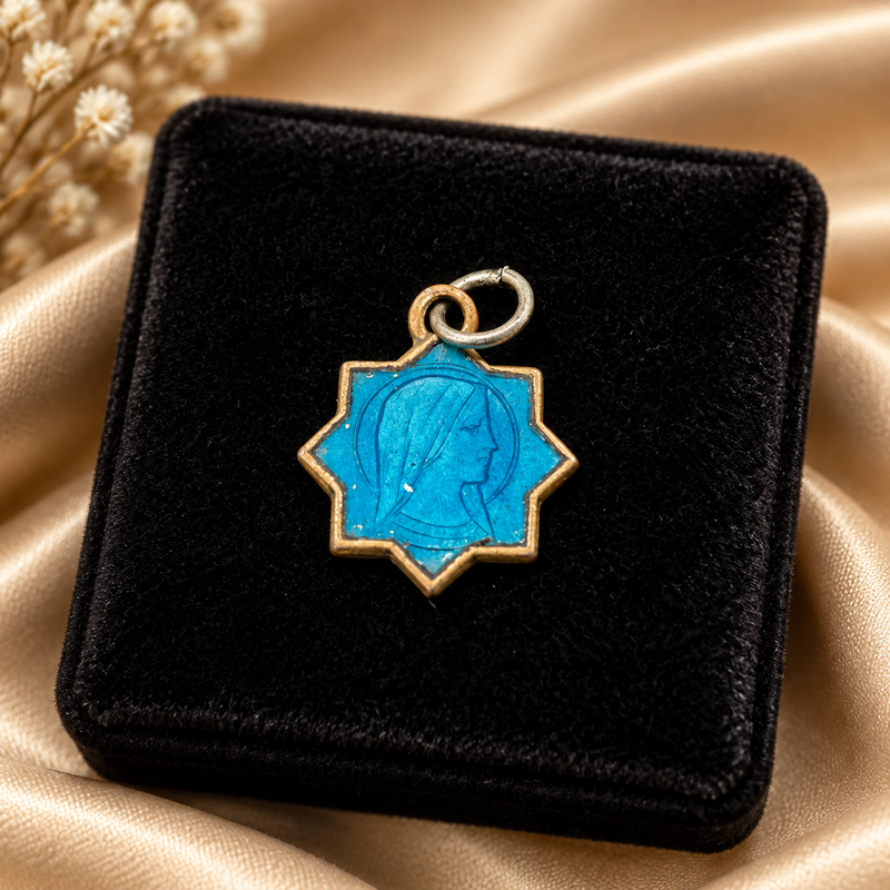 Vintage Blue Religious Pendant Charm with Sacred Design, Small Faith Jewelry