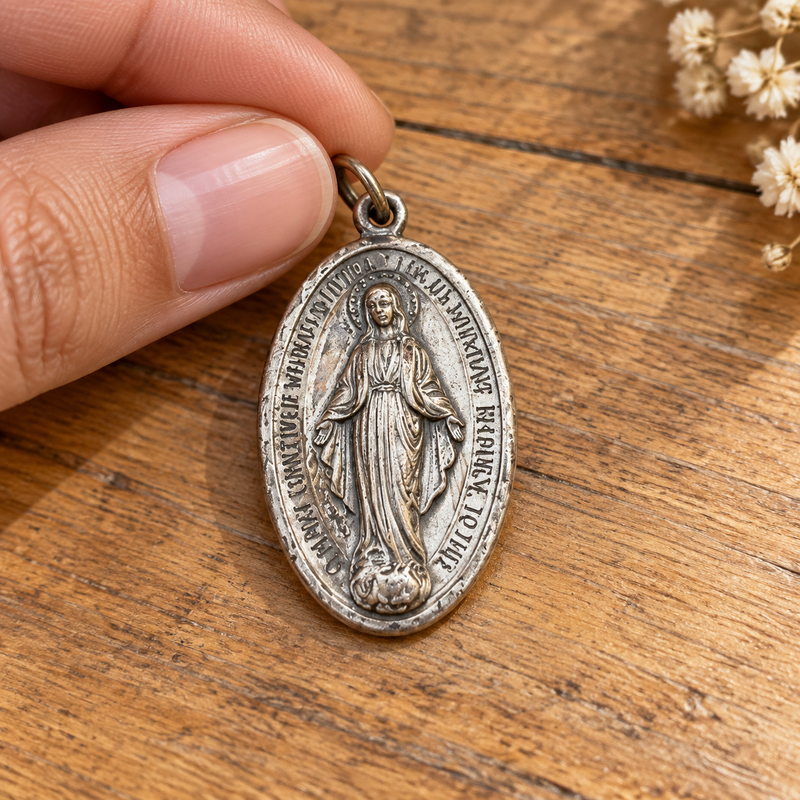 Vintage Religious Medal Pendant with Sacred Figure, Antique Faith Jewelry Charm
