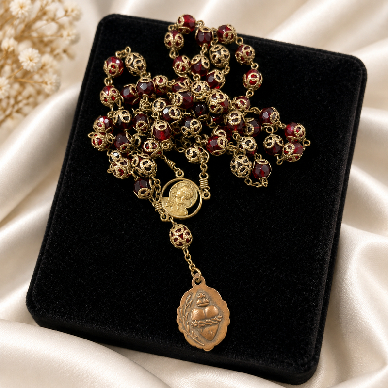 Vintage Red Bead Rosary Necklace with Brass Filigree Beads & Medallion 21"