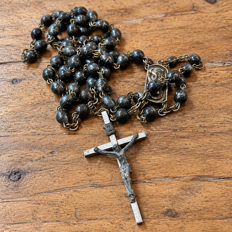 Vintage Rosary Necklace with Black Beads 15" Religious Prayer Jewelry