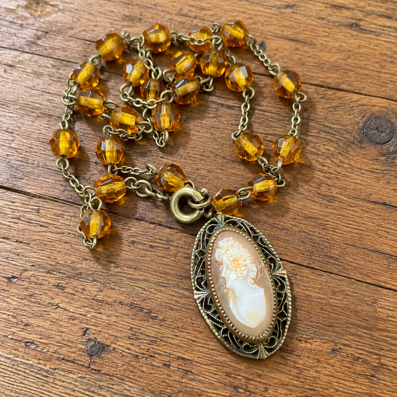 Vintage Cameo Necklace with Orange Crystal Beads
