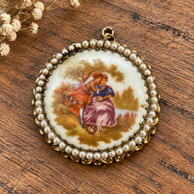 Vintage Painted Porcelain Pendant 2" x 2" with Pearl Border, Antique Jewelry Charm