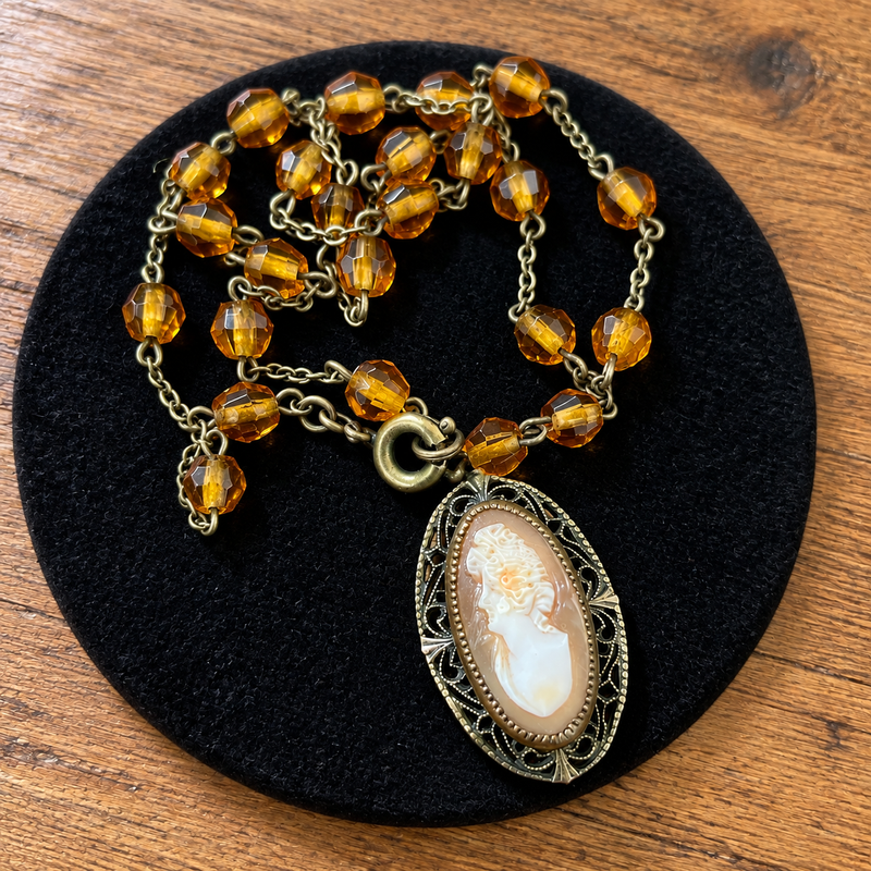 Vintage Cameo Necklace with Orange Crystal Beads