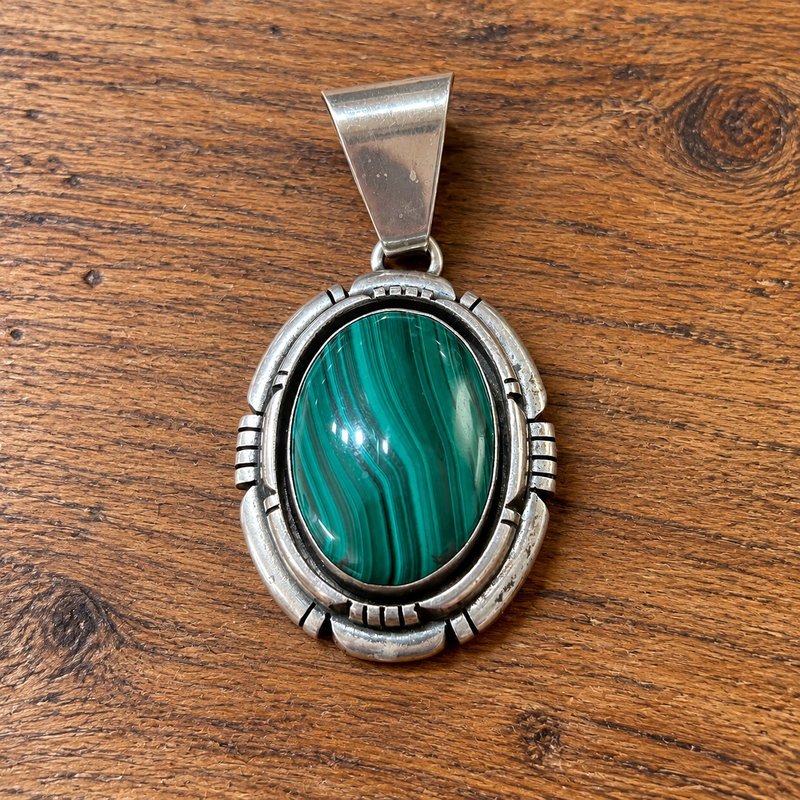 Vintage Sterling Silver Navajo Signed Malachite Pendant